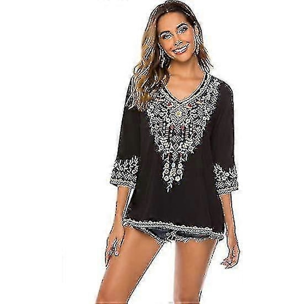 Kvinner Broderi Boho Skjorte 3/4 Erme Meksikansk Bohemske Topper Tunika Bluse