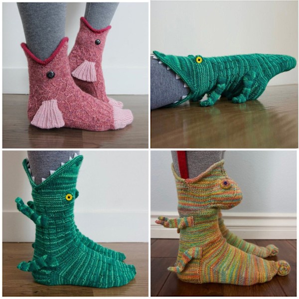 2 par Knittade Krokodilsstrumpor för Kvinnor Djur Alligator Vinter Varma Chameleon-yellow