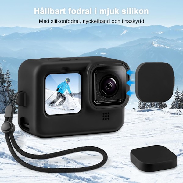 Silikonikotelo ja näytönsuojasarja GoPro Hero 12/11/10/9 mustalle, sisältää silikonikotelon, 6 karkaistua lasista näytönsuojaa ja 2 linssinsuojaa