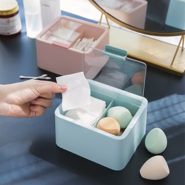 Blue Plastic Dustproof Double-Layer Makeup Storage Box with Lid for Cosmetics Cotton Swabs Dental Floss