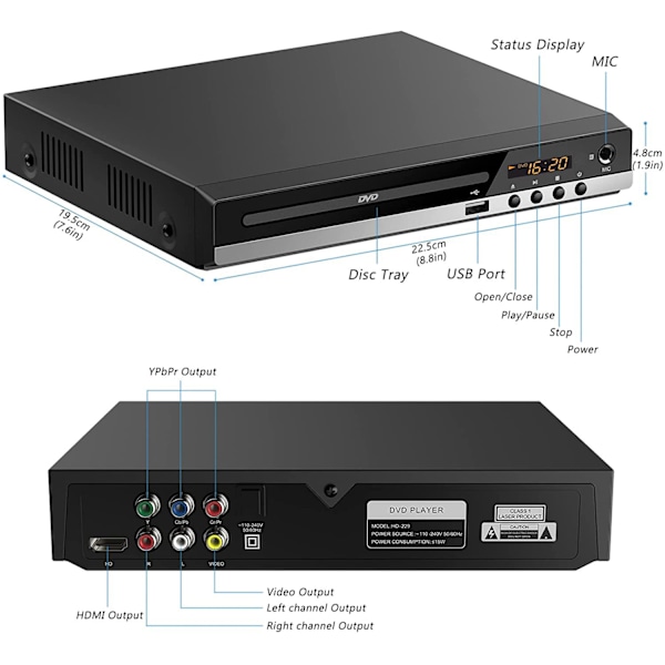 DVD-spiller for TV med HDMI, DVD-spiller som spiller alle regioner, CD-spiller for hjemme-stereoanlegg, HDMI- og RCA-kabel inkludert