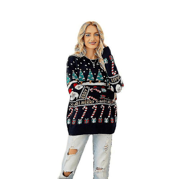 Kvinnors Fula Julkläder Rolig Söt Julgran Snöflinga Tomte Jul Stickad Tröja Jumper Toppar L