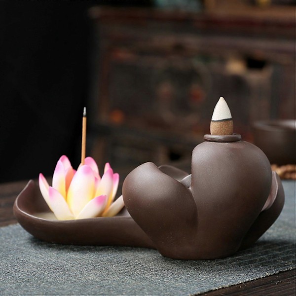 Elegant Lotus Rökelsebrännare Vattenfall Rökelsehållare Keramik Censer Hantverk Aromaterapi för H