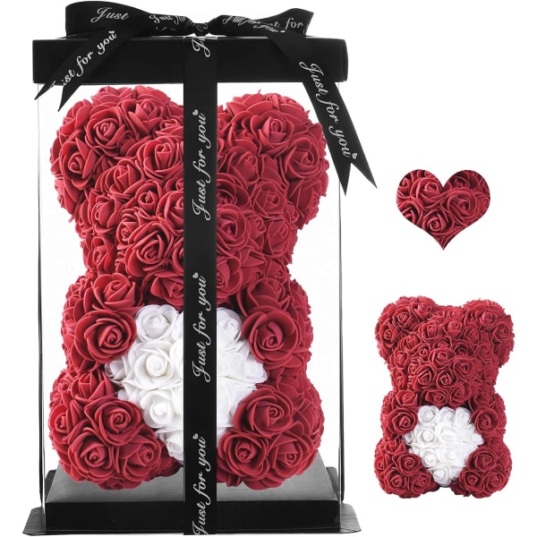 Rose Bear Rose Teddy Bear Handgjord konstgjord rosblomsterbjörn - Bästa presenten för alla hjärtans dag, mors dag, bröllop, årsdag, födelsedag (vinröd)