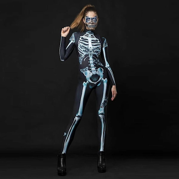 halloween skelet hovedskal 3d catsuit jumpsuit kvinder cosplay bodysuit fancy kjole, 100% ny L