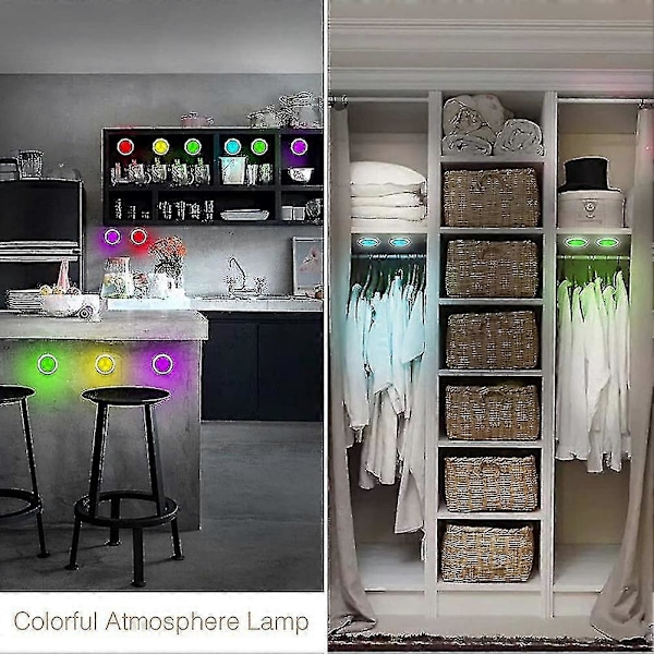 Laddningsbara LED-Pucklampor 6-pack, under-bänksbelysning med fjärrkontroll, dimbar RGB, 16 färger, timer