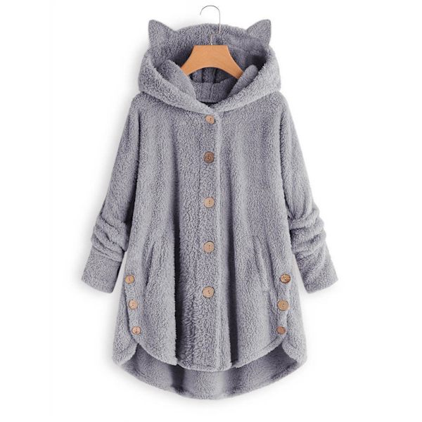 Plysjakke med katteører, uregelmæssig trendy ensfarvet jakke til kvinder Light grey M