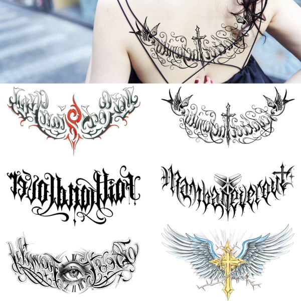 Ord tillfällig tatuering för vuxna, 6-pack stora realistiska tatueringar med ryggbröstklistermärken, citat med långvariga vingar Inspirerande ord Grå 45