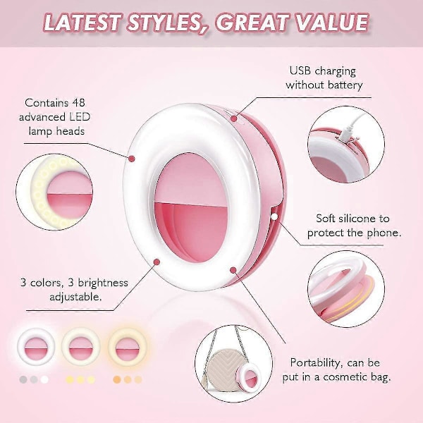Seneste inden for 2020 Selfie Ring Light Genopladelig Selfie Lys Genopladelig 48 Led Filler Lys, 3 Justerbare Lysstyrkeniveauer Videolys Natlys