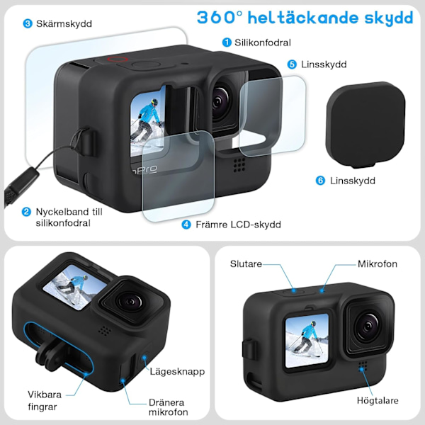 Silikonikotelo ja näytönsuojasarja GoPro Hero 12/11/10/9 mustalle, sisältää silikonikotelon, 6 karkaistua lasista näytönsuojaa ja 2 linssinsuojaa