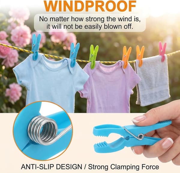 48 Plastic Clothespins, Strong Laundry Clips for Clothesline, Beach Towels, Pool Chairs, 4 Colors