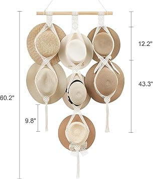 Macrame Hat Hanger Hat Rack for Wall Cowboy Hat Holder Display Organizer for Wardrobe Hand-Woven Boho Hanging Hat Organizer Storage for Wide Brim