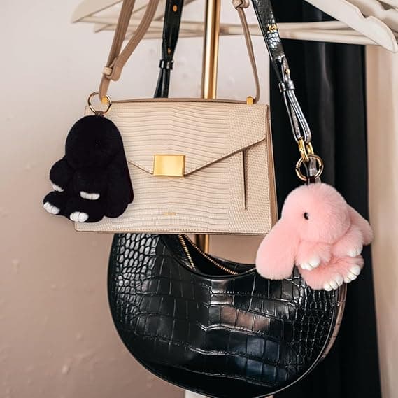 2 Pieces Plush Rabbit Keychain, Soft Plush Mini Rabbit, Plush Rabbit Keychain, Cute Key Pendant Rabbit Chain Keychain, (black+pink)