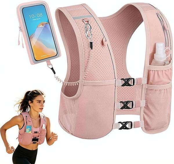 Unisex Running Vest, Adjustable Chest Straps, Hydration Backpack with 500ml Soft Flask - Lightweight Reflective for Marathon, Touchscreen-Friendly Phone Pocket pink