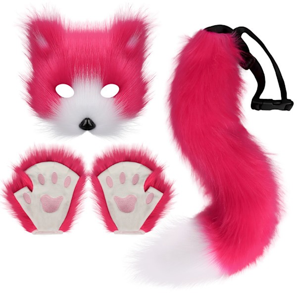 Falsk Pels Ræv Hale Kat Ulv Cosplay Kostume Sæt Blød Maske Fluffy Poter Handsker Halloween Jul Rose red One Size