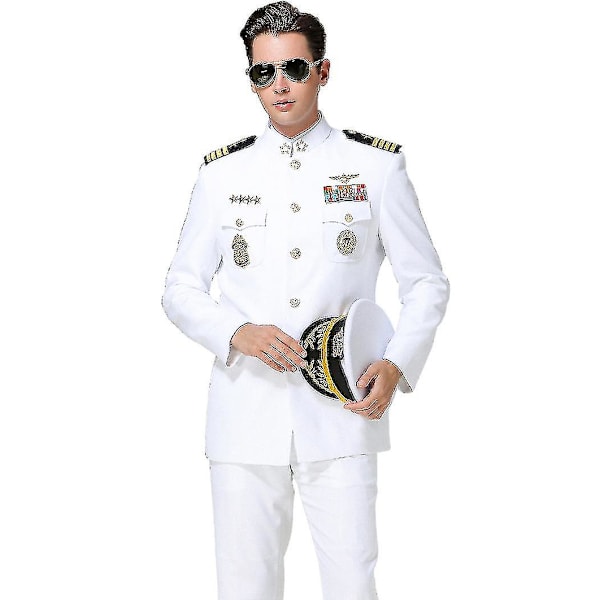Amerika Hvid Sømand Uniform Sæt Mænd Bryllup Årsmøde Aften Hat Kappe Bukser Og Tilbehør Navy Guard Sikkerhed Arbejdstøj