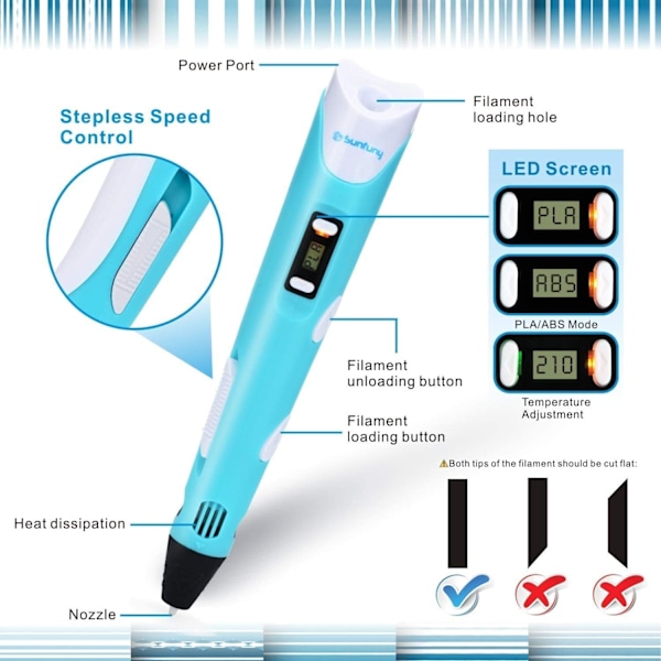 3D-penn for tegning med LCD-skjerm + 12 farger 36m 1.75mm PLA ABS filament for barn og voksne Blue
