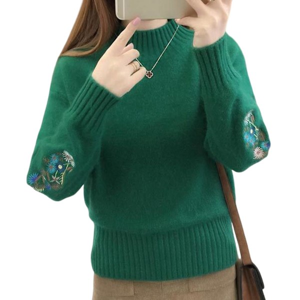 Kvinder Halv Turtleneck Trøjer Strikkede Blomsterbroderier Tyk Langærmet Uldagtig Top Efterår Vinter Mode Tøj Grön