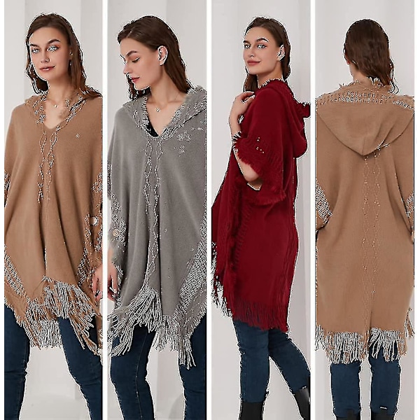 Ponchotröja för kvinnor Mysig stickad lättviktskappa med huva Khaki