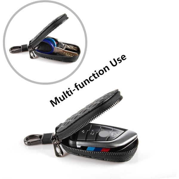 Universal cover, case/skydd, bil smart nyckelring i äkta läderhållare Metallkrok och nyckelring Dragkedja - svart pläd