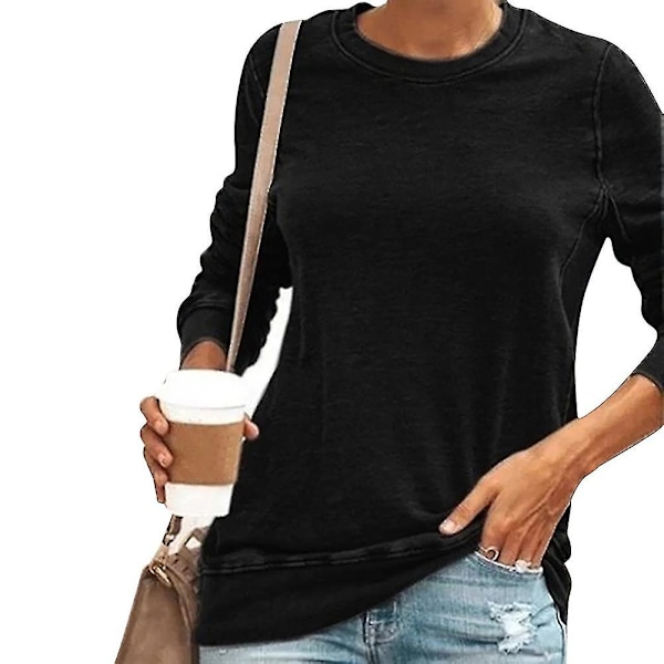 Dam T-shirt med Rund Hals, Långärmad, Lös, Casual Black S