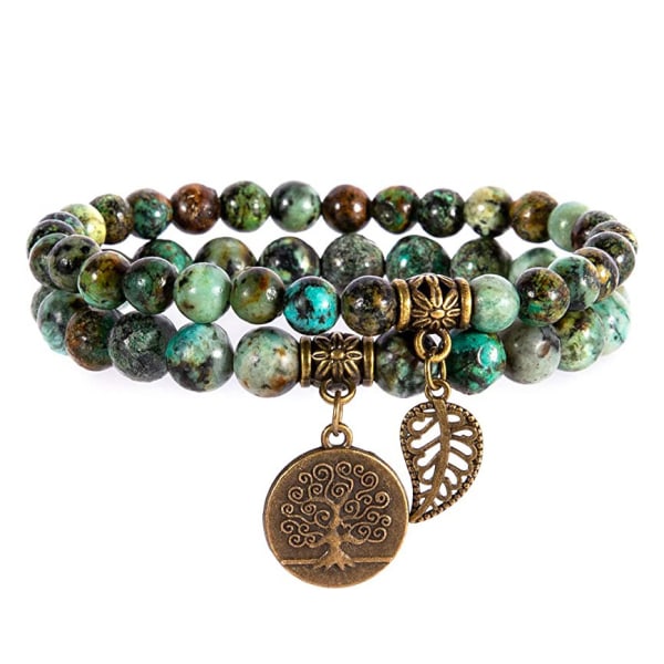 Naturligt Halvädelsten pärlor armband för kvinnor - Tree of Life and Leaf Charm Energy Healing Reiki Crystal Stretch Armband