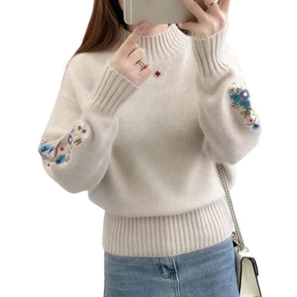 Kvinder Halv Turtleneck Trøjer Strikkede Blomsterbroderier Tyk Langærmet Uldagtig Top Efterår Vinter Mode Tøj Grunda Khaki
