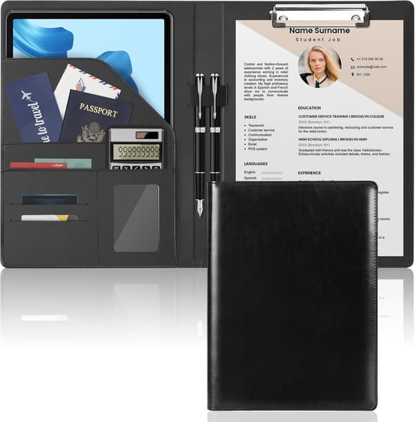Meeting Folder A4 Business Document Folder with Clipboard, Document Pocket, Card Holder, Office Work Pocket (Black)