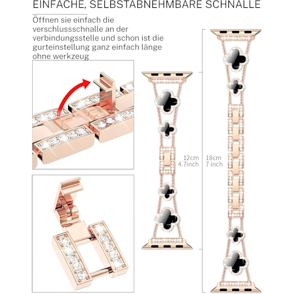 Bling Diamond Lucky Clover Damarmband Kompatibelt med Apple Watch Armband 38mm - 46mm Series SE 10 - 1, Sött Klänning Glittrande Diamantarmband Rose gold + black 42/44/45MM