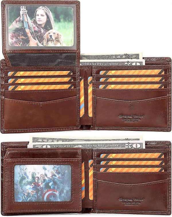 Men's Wallet with Chain Genuine Leather Wallet RFID Blocking Bifold Wallet with ID Window Card Slots, Brown