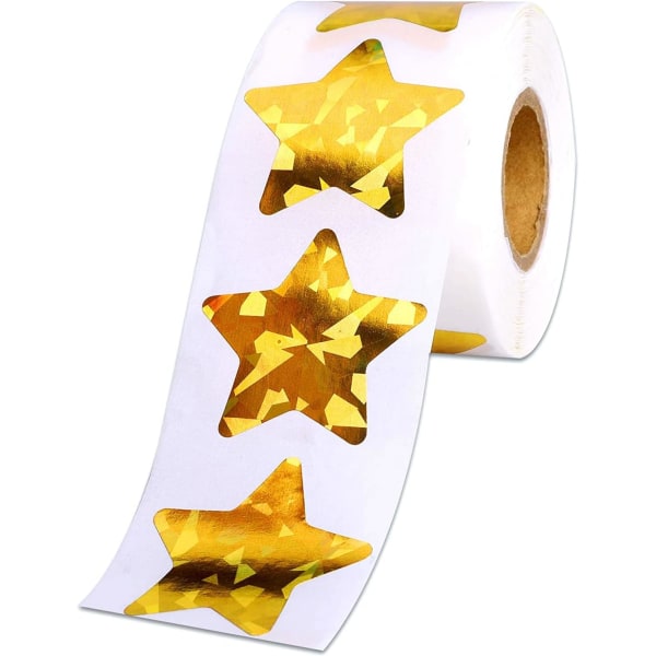 1,5" stora holografiska guldstjärniga klistermärken för barn Belöningar, 500 foliestjärnor metalliska klistermärkesrulle för beteendediagram Skollärartillbehör