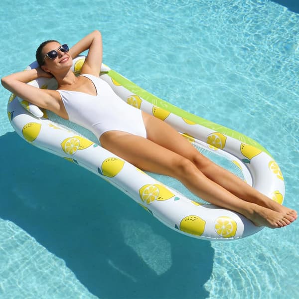 Mesh Inflatable Pool Float with Headrest, Comfortable Floating Lounge Mattress for Adults, for Pool, Lake, Beach, and Outdoor Summer Relaxation Lemon pattern