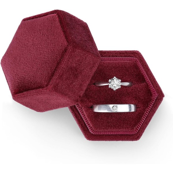 Sammetssmyckesringlåda, presentförpackning med dubbla ringar med avtagbart lock för bröllopsceremonin (Burgogne)