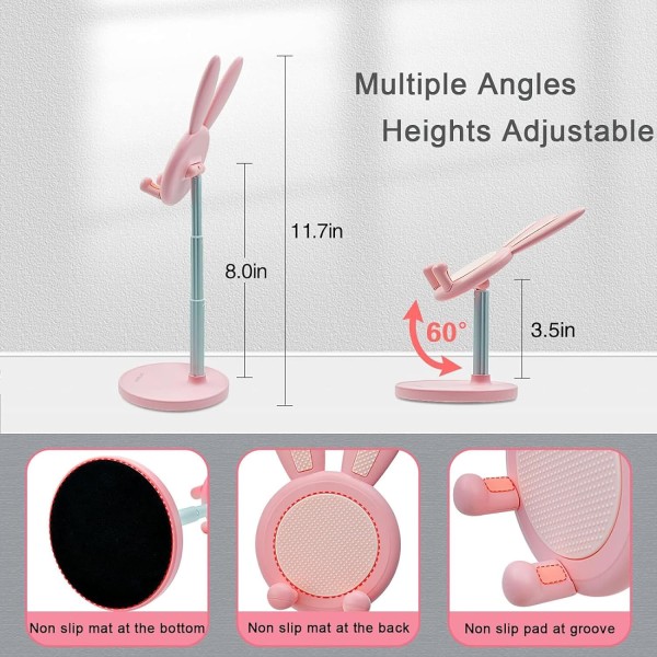 Cute Bunny Phone Stand, Kawaii mobiltelefonhållare för skrivbord kompatibel med alla mobiltelefoner rosa