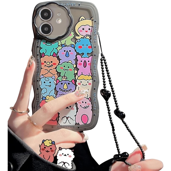 Kompatibel för iPhone 12- case, sött genomskinligt tecknat björndjur med hjärtpärlbandsrem för kvinnor Girly, mjuk TPU- Monster