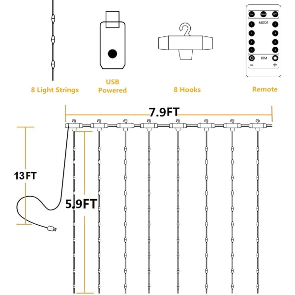 Strängljusgardin, USB -drivna Fairy Lights för väggfest i sovrummet, 8 lägen & IP64 vattentät Idealisk för bröllopsinredning utomhus (vit, 3M*2M)