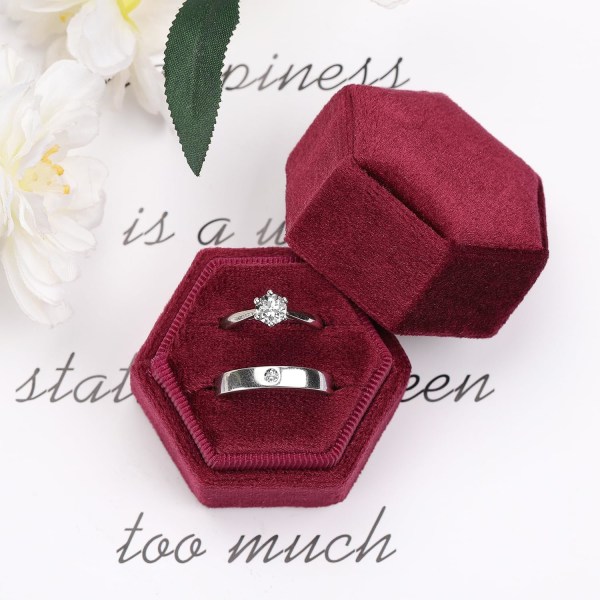 Sammetssmyckesringlåda, presentförpackning med dubbla ringar med avtagbart lock för bröllopsceremonin (Burgogne)