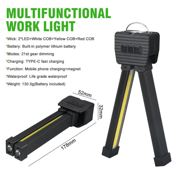 2026 Upgraded Gym Posing Light, 7-Level Dimmable LED Work Light, Magnetic & Hanging Hook Camping Flashlight, USB-C Rechargeable