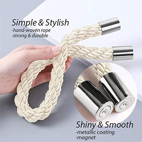 2-pack Strong Magnetic Curtain Tiebacks, Convenient Decorative Braided Rope Curtain Holders for Thin or Thick Curtains (Beige)