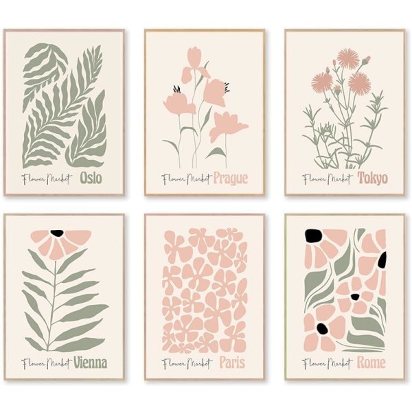 Blomstermarknadsplakat, Boho botaniska blommiga väggkonsttryck Blush Pink och Sage Green Estetisk sovrumsdekor Canvas Konstverk Målning