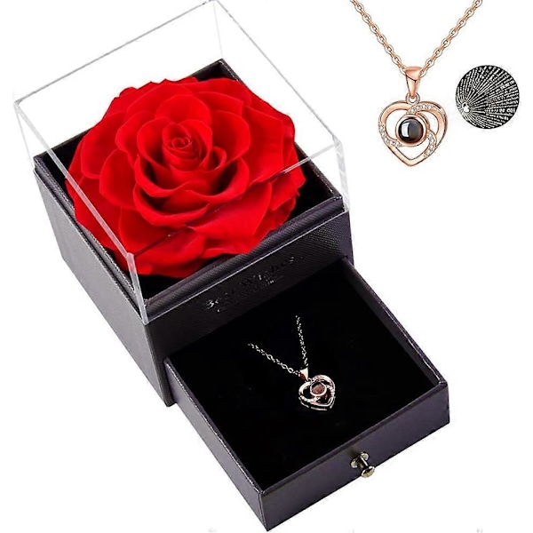 Præserveret Ægte Rose Gaveæske med Halskæde Rose Blomstergaver til Kæreste Elsker Hustru Mor Valentinsdag Juledag Thanksgiving Dag