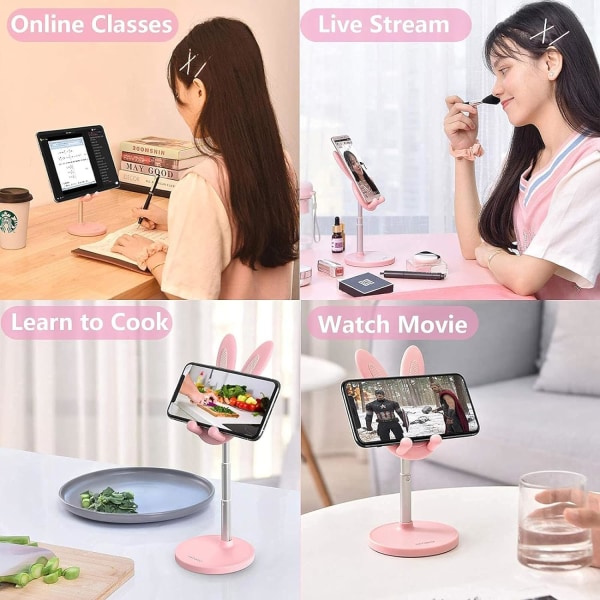 Cute Bunny Phone Stand, Kawaii mobiltelefonhållare för skrivbord kompatibel med alla mobiltelefoner rosa