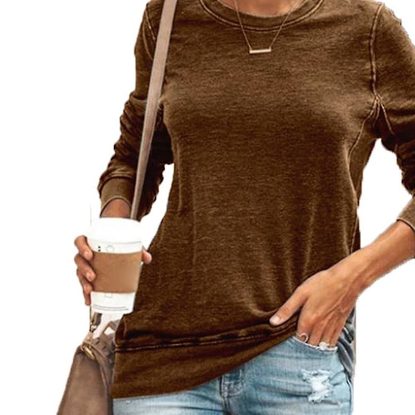 Dam T-shirt med Rund Hals, Långärmad, Lös, Casual Black M