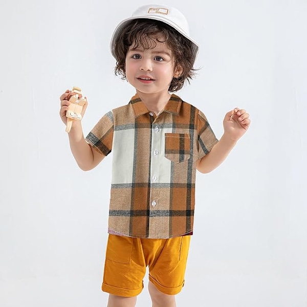 Drenge Kortærmet Ternet Skjorte Børneskjorter Med Knapper Ternede Sommerklæder Til 1-8 År Light Brown 3-4Y