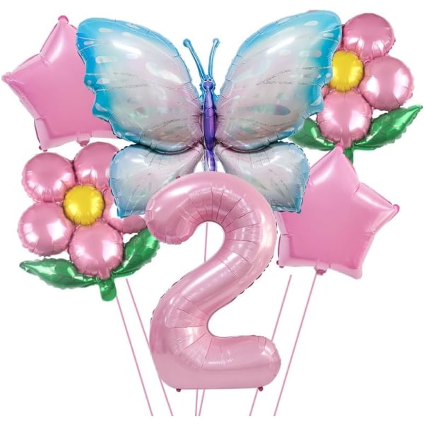 2:a födelsedag dekoration fjärilsballonger, rosa blå fjäril Fairy Flower folieballonger för flickor 2-årsfest dekoration Baby shower tillbehör