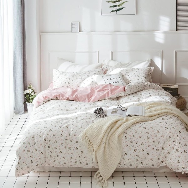 Twin cover i bomull - Rosa vitblommiga sängkläderset Twin Size, Ultra Soft 3 st Vintage Style