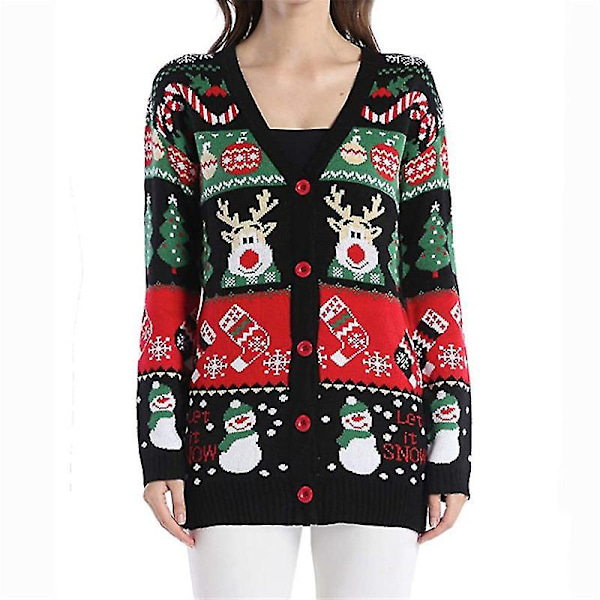 Juletrøje til kvinder Åben Front Leopard Strikket Cardigan Trøjer Lommer Langærmet Overtøj
