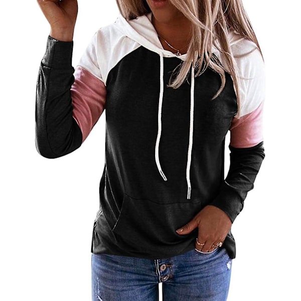 Dame Color Block Hættetrøjer Sweatshirts Langærmet Sweatshirt Pullover Black *L
