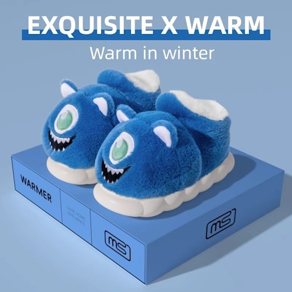 Storögda Bomullstofflor för Kvinnor Vinter Täckta Klackar Söta Cartoon Ny Stil Inomhus Hem Varma Plysch Pälstofflor Blue-super high top 38/39