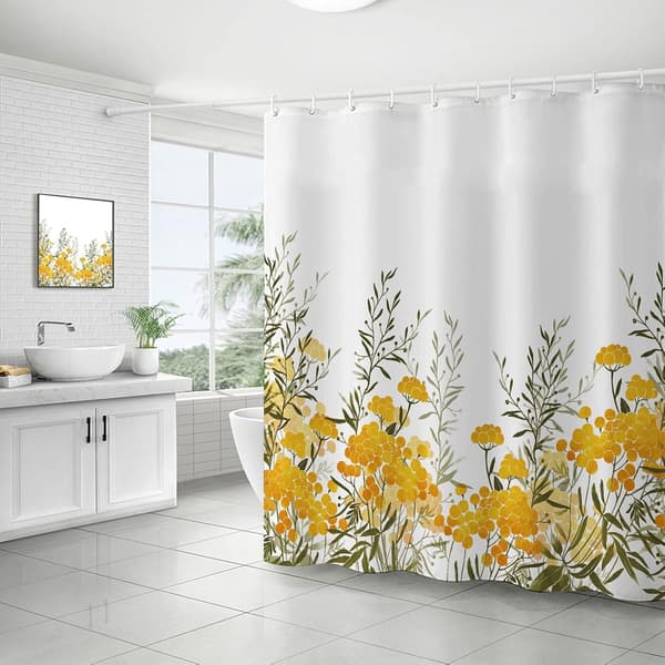 Dusjforheng, stoff dusjforheng foret gult blomstret Sh